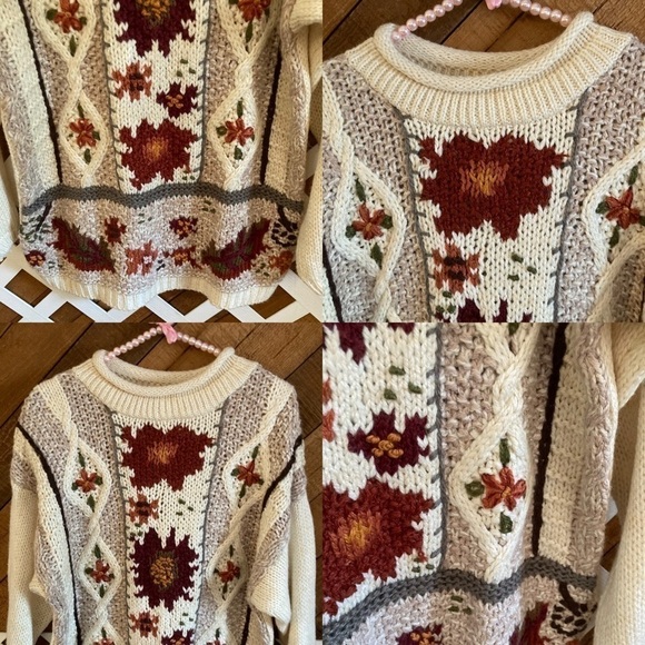 Vintage chunky 3D look Fall floral sweater size L - Picture 6 of 16